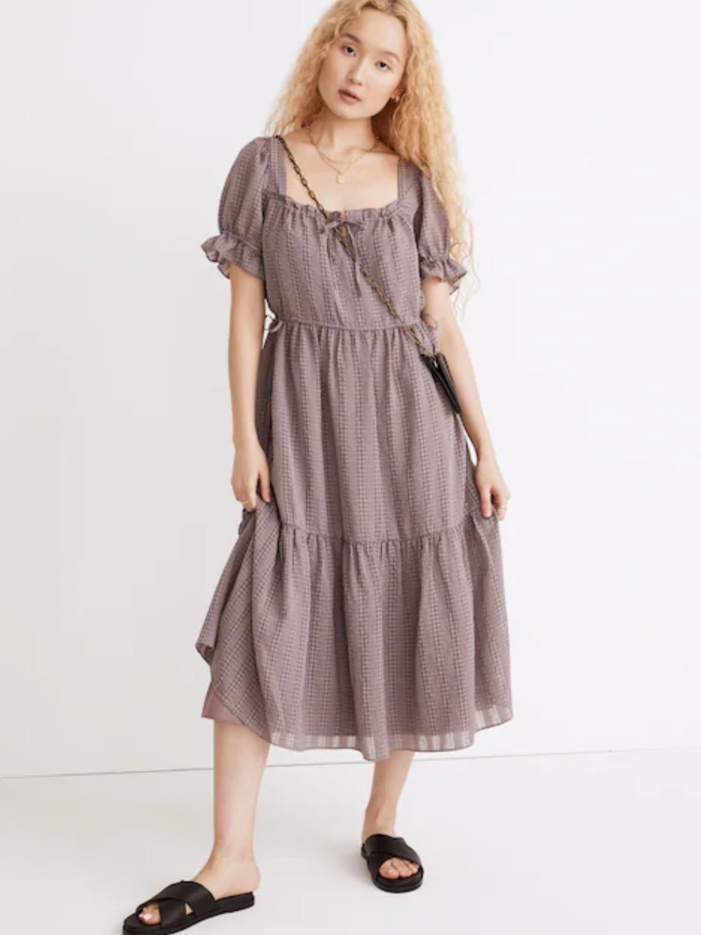 Madewell square-neck tiered midi dress in textured seersucker
